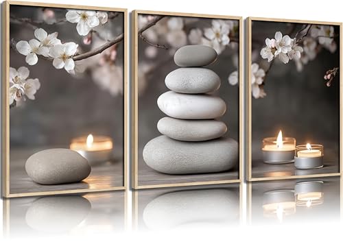 ZHJIOFXG 3 Piece Zen Canvas Wall Art Stacked Stones Cherry Blossom Candle Spa Wall Decor Calming Minimalist Neutral Poster Print Art for Bathroom Bedroom Yoga Room Office Living Room 12x16in Unframed - size: 16L''x12W''