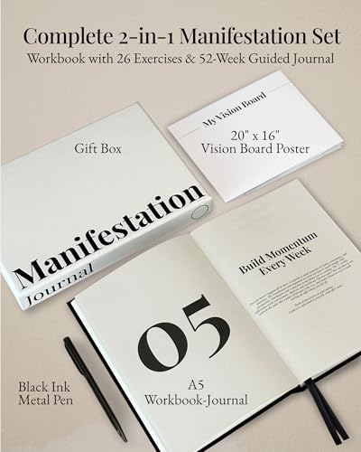 Manifestation Journal – 52-Week Undated Guided Law of Attraction Journal with Prompts, Habit Tracker, Vision Board, Goals & Reflection Tools | for Women & Men | Gift Box + Pen