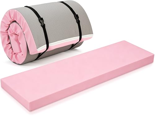 Lyrow 3 Inch 72"x 24" Thick Foldable Yoga Mat with Carry Strap, Non-slip Portable Foam Gym Mat for Yoga, Pilates and Stretching - color: Peach Pink