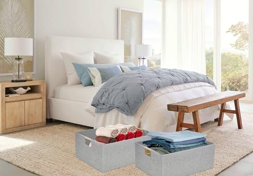 Collapsible Storage Box for Women - Foldable Home Organizer 16.9x12.5x7Inches with Wooden Handles | Closet, Bathroom & Kids Room Storage | Heavy-Duty Linen Fabric 2Pack