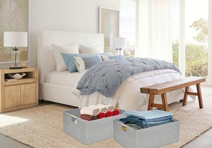 Collapsible Storage Box for Women - Foldable Home Organizer 16.9x12.5x7Inches with Wooden Handles | Closet, Bathroom & Kids Room Storage | Heavy-Duty Linen Fabric 2Pack