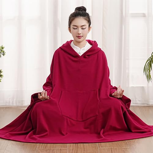 Women Men Meditation Buddhist Hooded Cloak Thickened Warm Loose Coat - color: Wine Red, size: X-Large