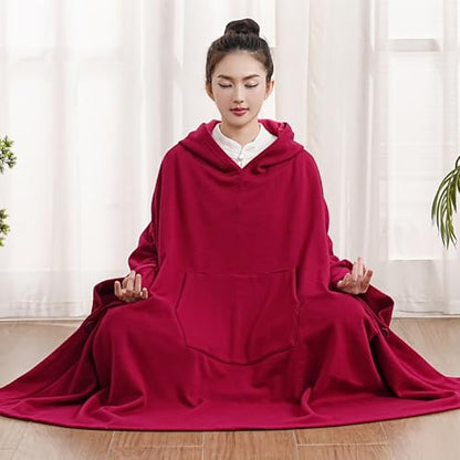 Women Men Meditation Buddhist Hooded Cloak Thickened Warm Loose Coat - color: Wine Red, size: X-Large