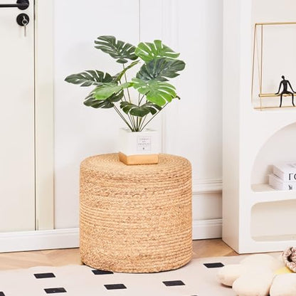 18'' Pouf Ottoman, Natural Braided Poof, Round Poufs, Rustic Handweave Lounge Pouffe, Boho Footrest Stool for Bedroom, Accent Table or Seat for Patio, Living Room - color: 18inch Natural Water Hyacinth Braid
