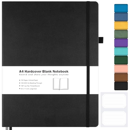 Blank Notebook, Hardcover Sketch Book, 8.5" x 11" Large Blank Journal, No Bleed Thick Paper Sketchbook for Drawing, Unlined Notebook Journal for Women Men School, A4 Leather Sketchbook Lay Flat, Black - color: Black