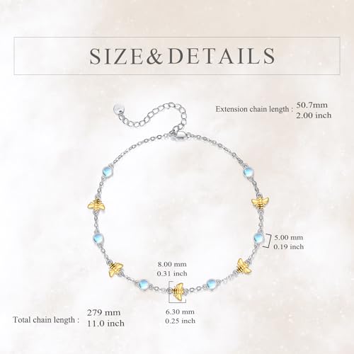 CRMAD 925 Sterling Silver Daisy/Sunflower Moonstone Anklet Daisy Flower Ankle Bracelet for Women Beach Dainty Jewelry - size: 9+2 inch, style: bee