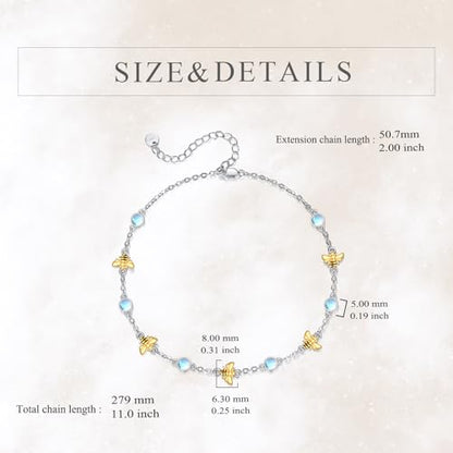 CRMAD 925 Sterling Silver Daisy/Sunflower Moonstone Anklet Daisy Flower Ankle Bracelet for Women Beach Dainty Jewelry - size: 9+2 inch, style: bee