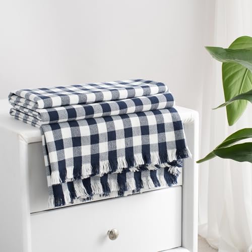 100% Cotton Throw Blanket Plaid Soft Lightweight Cozy Farmhouse Tassels Summer Thin Breathable Throws for Couch Sofa Bed (50" × 60" Navy Blue) - color: Navy Blue, size: 50"x60"
