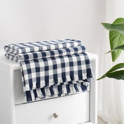 100% Cotton Throw Blanket Plaid Soft Lightweight Cozy Farmhouse Tassels Summer Thin Breathable Throws for Couch Sofa Bed (50" × 60" Navy Blue) - color: Navy Blue, size: 50"x60"