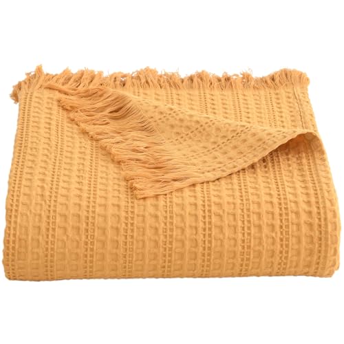 100% Cotton Waffle Blanket with Fringe, Pre-Washed Waffle Weave Blanket for All Season, Lightweight Breathable Soft Cozy Throw Blanket for Couch, Bed, Travel (Mustand Yellow - 50x60 Inches) - color: Mustand Yellow, size: Throw-50'' x 60''
