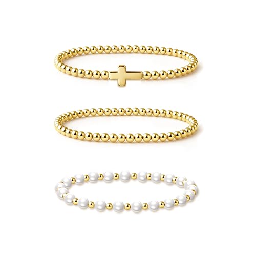 Zeffy Gold Pearl Beaded Bracelet for Women, 14K Gold Plated Jewelry Set With Paperclip Link Chain, Trendy Stack Bracelets - style: 3PCS Pearl Cross Beaded Bracelets