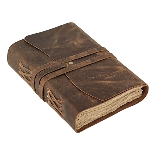 KomalC Handmade Leather Journal | Writing Notebook Diary | Bound Daily Notepad For Men & Women Unlined Paper Medium, writing pad for artist, sketch - color: Deckle Edge Brown Tan, size: 8 x 6