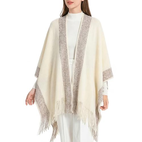 ZLYC Women's Shawl Golden Trim Knit Blanket Wrap Fringe Poncho Coat Cardigan - color: Plain Cream White