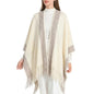 ZLYC Women's Shawl Golden Trim Knit Blanket Wrap Fringe Poncho Coat Cardigan - color: Plain Cream White