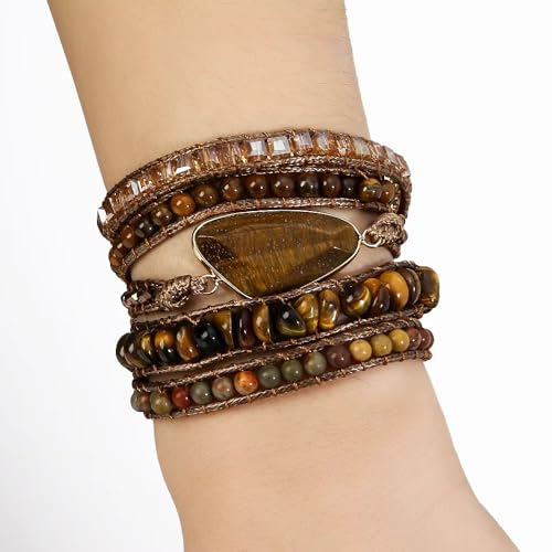 Boho Wrap Bracelet for Women, Handmade Natural Imperial Jasper Multi-Layer Stone Beaded Bracelet, Bohemian Healing Crystal Stone Jewelry Gifts - color: Tiger Eye #2