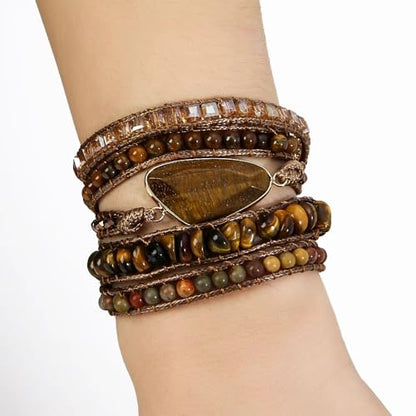 Boho Wrap Bracelet for Women, Handmade Natural Imperial Jasper Multi-Layer Stone Beaded Bracelet, Bohemian Healing Crystal Stone Jewelry Gifts - color: Tiger Eye #2