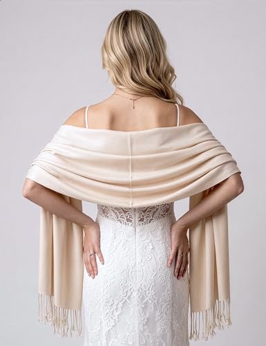 Achillea Lightweight Pashmina Scarf for Women – Soft Silky Shawl Wrap for Evening Dresses, Bridesmaids & Everyday Wear - color: Cream/Beige