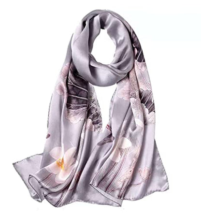100% Mulberry Silk Long Scarf for Women Large Shawls for Headscarf and Neck- Oblong Hair Wraps with Gift Packed - color: Lotus Pond-light Grey