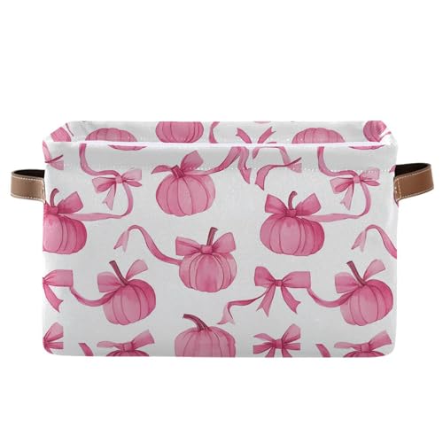 Wamika Pumpkin Bow Pink Storage Basket with Waterproof Liner and PU Handles Fall Storage Bins Boxes 14.2" Collapsible Decorative Organizer Baskets for Bedroom Closet Office 1 Pack - color: Pumpkin, size: 1 Pack