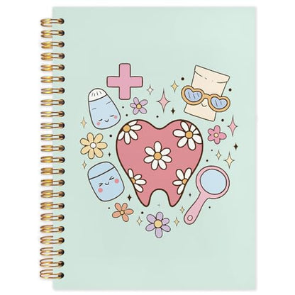 WUCHJ Dental Gifts Notebook, Green Dental Hygienist Assistant Journal, Retro Pink Floral Tooth Spiral Notebook Journal for Note Taking, Dentist Office Supplies, 5.5x8.3 Inch - color: green teeth hearts