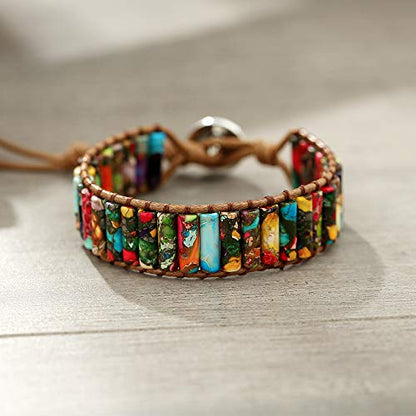 Women Boho Handmade Natural Stone Crystal Leather Bead Wrap Bracelets Collection - style: Colorful Jasper 1W