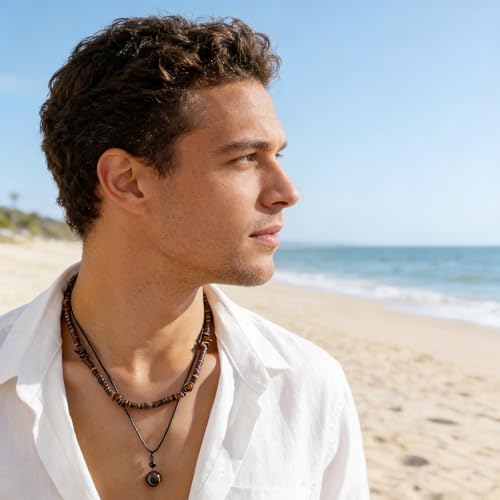 Layered Puka Shell Necklace for Men Brown Coconut Wood Beads Necklace Boho Mens Summer Necklace Surfer Beach Necklace Jewelry - style: A:STYLE 1