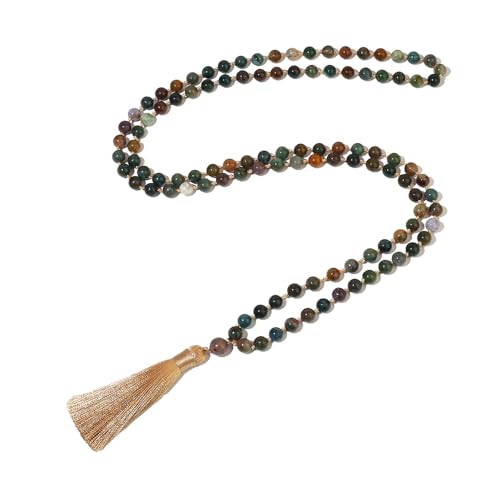 8mm Natural Stone 108 Mala Beads Necklace for Men and Women - color: Green Agate