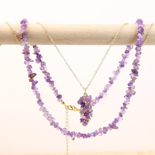 2Pcs Crystal Necklace for Women Handmade Choker Necklaces Pendant Necklace Natural Stone Gemstone Beaded Necklace 18k Gold Plated Adjustable Dainty Necklace for Women - color: Amethyst
