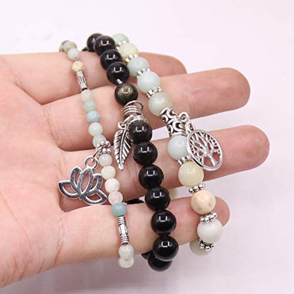 Tree of Life Yoga Healing Stone Bracelets,Multilayer Lotus Chakra Stone Reiki Bracelet Sets,Anxiety Crystal Natural Stone,for Women Stress Relief - style: Cyan White +Jin Yao Stone