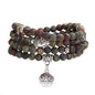Bivei 108 Mala Beads Necklace Long Beaded Wrap Bracelets Genuine Gemstone Mala Prayer Beads Lotus Buddha Charm Yoga Meditation Necklace - color: Bloodstone-Lotus OM-Buddha