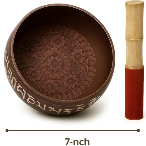Store Indya Hand Painted 7 Inch Tibetan Metal Singing Bowl, Chakra Healing, Yoga & Meditation Sound Bowl for Stress Relief with Wooden Stick Mallet | Original Tibetan Singing Bowl - color: BROWN