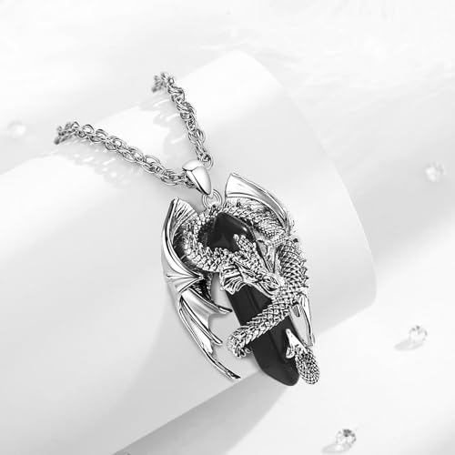 INFUSEU Unique Dragon Necklaces with Healing Crystal Stone for Men Women, Personalized Spiritual Gifts, 24 Inch Chain - color: Black Obsidian
