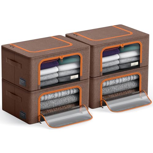Sorbus Storage Bins with Metal Frame - Stackable & Foldable Clothes Organizer Bags - Oxford Fabric Storage Containers with Large Clear Window & Carry Handles, Bedroom Organization for Bedding & Linen - color: Brown, size: 4 Pack