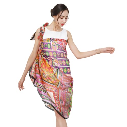 100% Mulberry Extra Large Silk Pashmina Scarf Shawls And Wraps For Women Evening Dress Summer Travel Floral Blanket - color: Orange Mosaic Dream