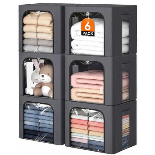 6 Pack Clothes Storage Bins with Metal Frame,40L Storage Bags Fabric Box Organizer with Clear Window,Zippers,Sturdy Handles(6 Pcs,Light Grey,40L)