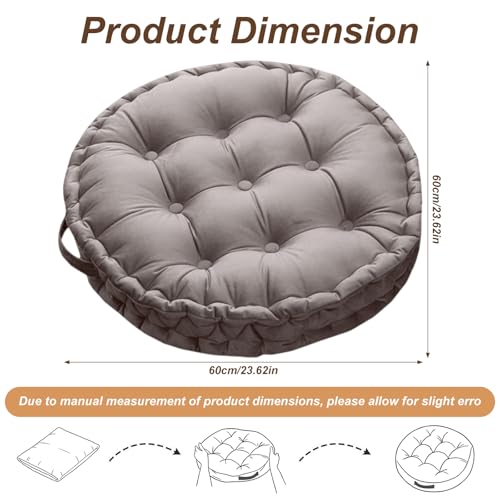 Meditation Floor Pillow, 23.6" Round Thick Cushion with Handle, Velvet Floor Cushion Seat Cushion for Yoga Living Room Tatami, Meditation Cushion for Adults, Light Gray