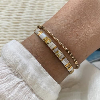 Tila Flat Beaded Stretch Bracelets for Women Stackable Gold Colorful Seed Beads Boho Bracelet Stack Adjustable Rope String Friendship Jewelry Trendy Holiday Gift - color: gold and white