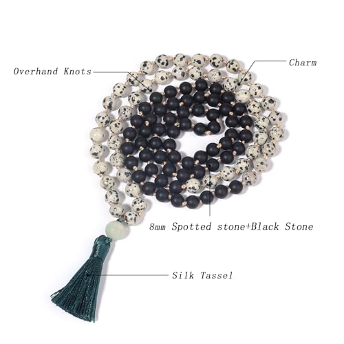 8MM Beads Chakra Long Mala Necklace Natural Stone Meditation Statement Necklace Japa Yoga Buddhist Rosary Prayer Charm Beaded Tassel Necklace - color: Spotted stone+Black Agate