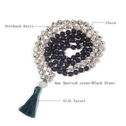 8MM Beads Chakra Long Mala Necklace Natural Stone Meditation Statement Necklace Japa Yoga Buddhist Rosary Prayer Charm Beaded Tassel Necklace - color: Spotted stone+Black Agate