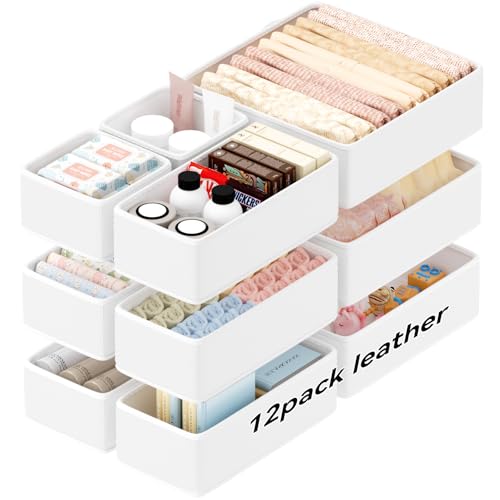 Vegan Leather Drawer Organizers,12 Pack Makeup Storage boxes,Vanity Drawer Luxury upgrade,Bedroom fabric Drawers replacement,bathroom organization and storage Optimal solution