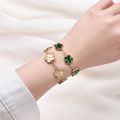 FLY FEI 18K Gold-Plated Four Leaf Clover Bracelet for Women,Adjustable lucky Bracelet Set Jewelry Gift-Hypoallergenic Charm for Birthdays, Wellness & Daily Wear - color: style08-Emerald green