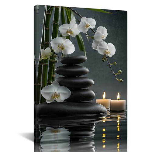 SANGGUOBIN Zen Wall Art Black Stone Green Bamboo White Frangipani Flower Canvas Meditation Still Life Prints Modern Relax Art Poster for Spa Yoga Room Bedroom Decor(Green-3,28x42inch) - color: Green-3, size: 28x42inch