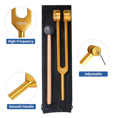 Energy Sound Relaxation Tuning Forks Kit-128Hz, Sound Therapy Tools, Non-Magnetic Aluminum Alloy, for Hearing Tests, Special Tuning Hammer for Ear Cleaning，Meditation Tool with Travel Case（Gloden） - color: Gloden