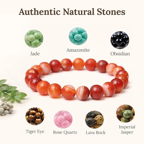 Elm City Direct 8mm Natural Stone Beaded Bracelet – Unisex Crystal Stretch Bracelets for Men & Women, Chakra & Healing Jewelry, Gift-Ready Beaded Bracelets - color: Red Sardonyx
