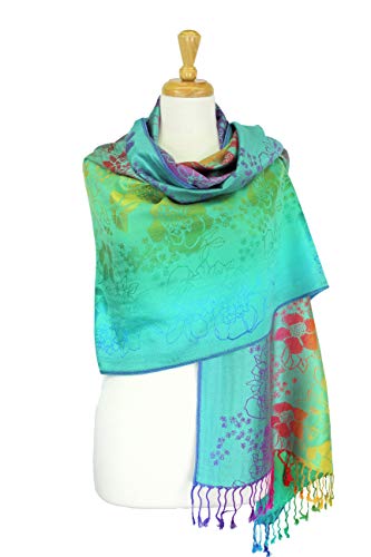 PASKMLNA Double Side Multi Colors Silky Tropical Colorful Exotic Pashmina Wrap Shawl Scarf Rave - color: 051-green Multi Feathers