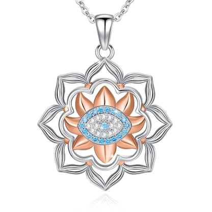 Evil Eye Necklace for Women 925 Sterling Silver, Protection Necklace with Blue Evil Eye Charm, Evil Eye/Lotus Pendant Jewelry, Birthday Christmas Gifts for Her - style: Lotus Evil Eye 02