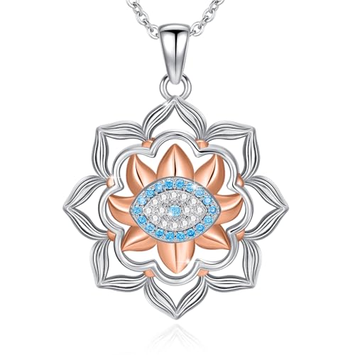 Evil Eye Necklace for Women 925 Sterling Silver, Protection Necklace with Blue Evil Eye Charm, Evil Eye/Lotus Pendant Jewelry, Birthday Christmas Gifts for Her - style: Lotus Evil Eye 02