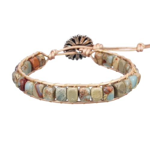 Women Boho Handmade Natural Stone Crystal Leather Bead Wrap Bracelets Collection - style: Agalmatolite 1W