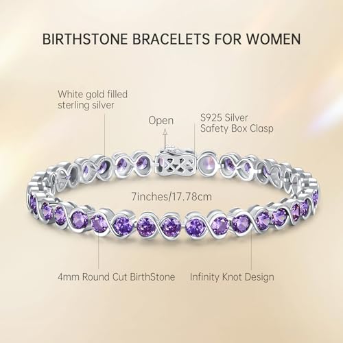 Birthstone Bracelets for Women, Sterling Silver 7 Inch Infinity Tennis Bracelet, Wedding Anniversary Birthday Jewelry Gifts for Women Wife Girlfriend Mom Her - color: 02-Feb-Amethyst