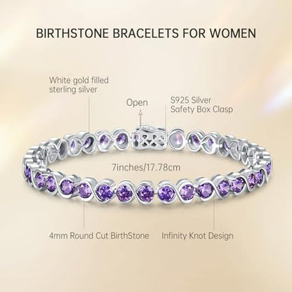 Birthstone Bracelets for Women, Sterling Silver 7 Inch Infinity Tennis Bracelet, Wedding Anniversary Birthday Jewelry Gifts for Women Wife Girlfriend Mom Her - color: 02-Feb-Amethyst